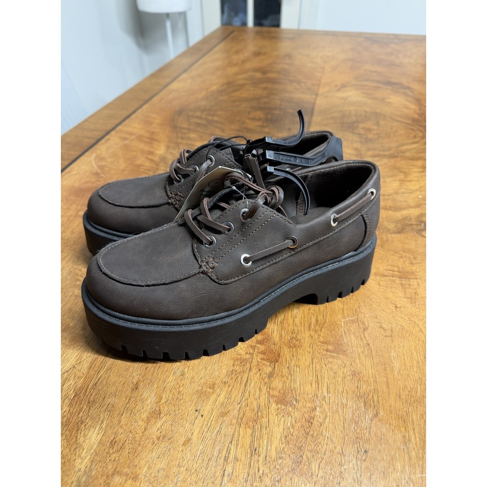 New Women's 7 No Boundaries Platform Boat Shoes Brown Faux Leather Retro 90s Lug
